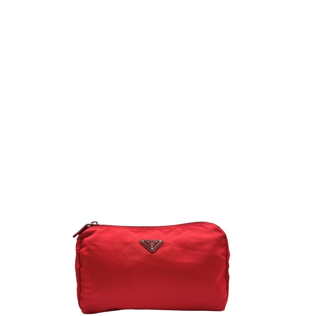 Front, Necessaire Prada in tessuto Vela rosso e hardware argentato. Originale, usata, di lusso, in ottime condizioni.