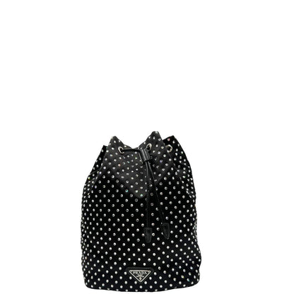 Front, Pochette Prada Tipicamente realizzata in raso di seta nero, impreziosita da cristalli sintetici, Indossabile a mano.