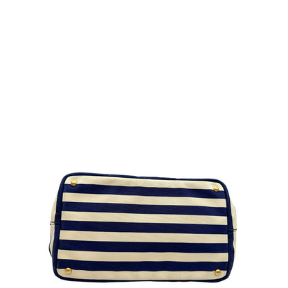 Base, Borsa Prada in tela caratterizzato da una fantasia a righe orizzontali blu navy e avorio, Indossabile a mano oppure a tracolla.