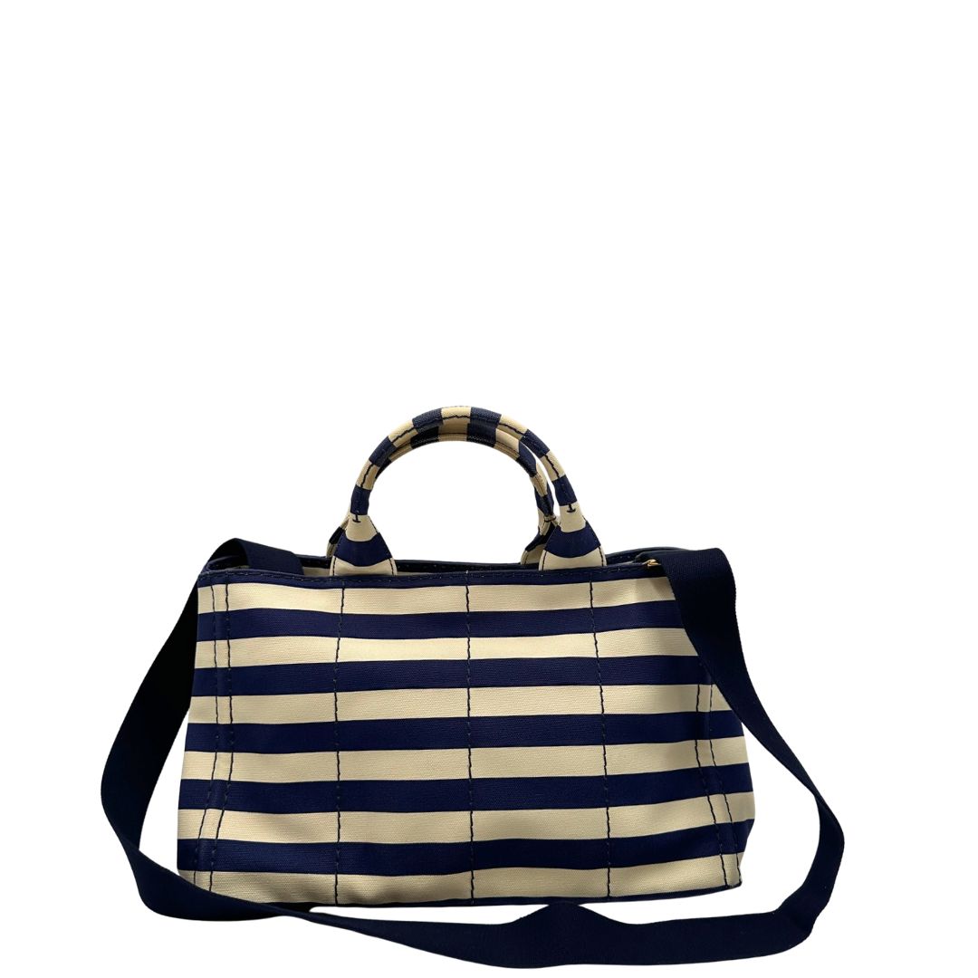 Retro, Borsa Prada in tela caratterizzato da una fantasia a righe orizzontali blu navy e avorio, Indossabile a mano oppure a tracolla.