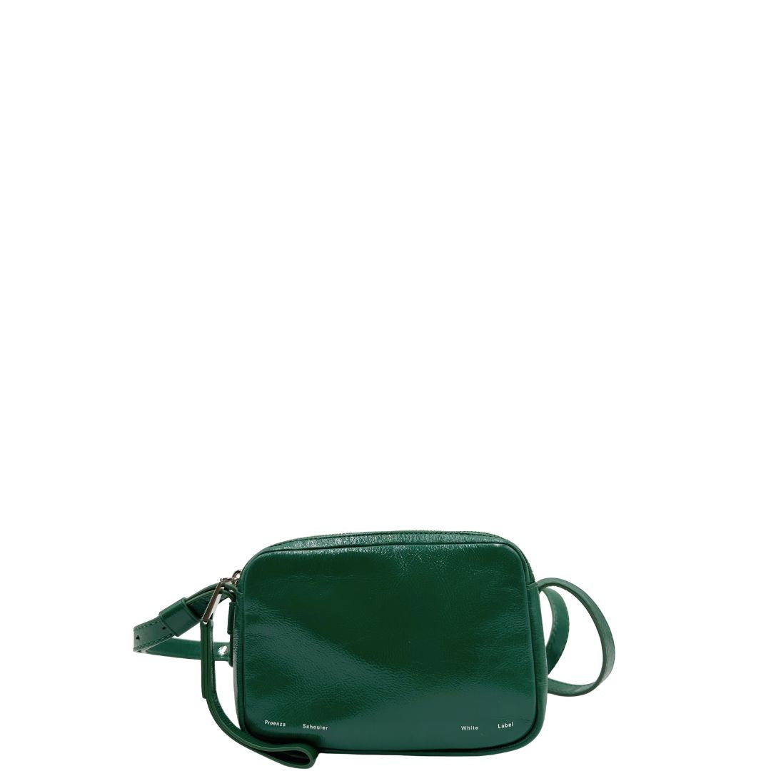 front Borsa Label Watts in pelle lucida color verde bottiglia, di lusso, eccellenti condizioni, originale, usata. 