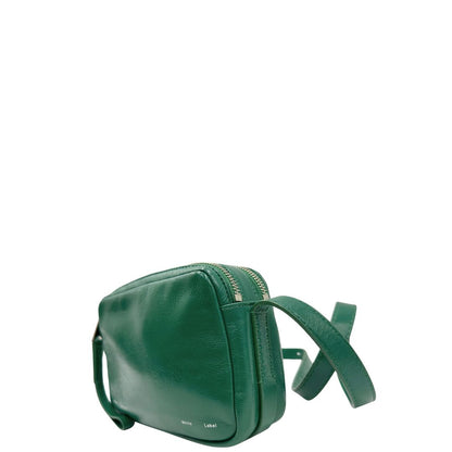 lato Borsa Label Watts in pelle lucida color verde bottiglia, di lusso, eccellenti condizioni, originale, usata. 