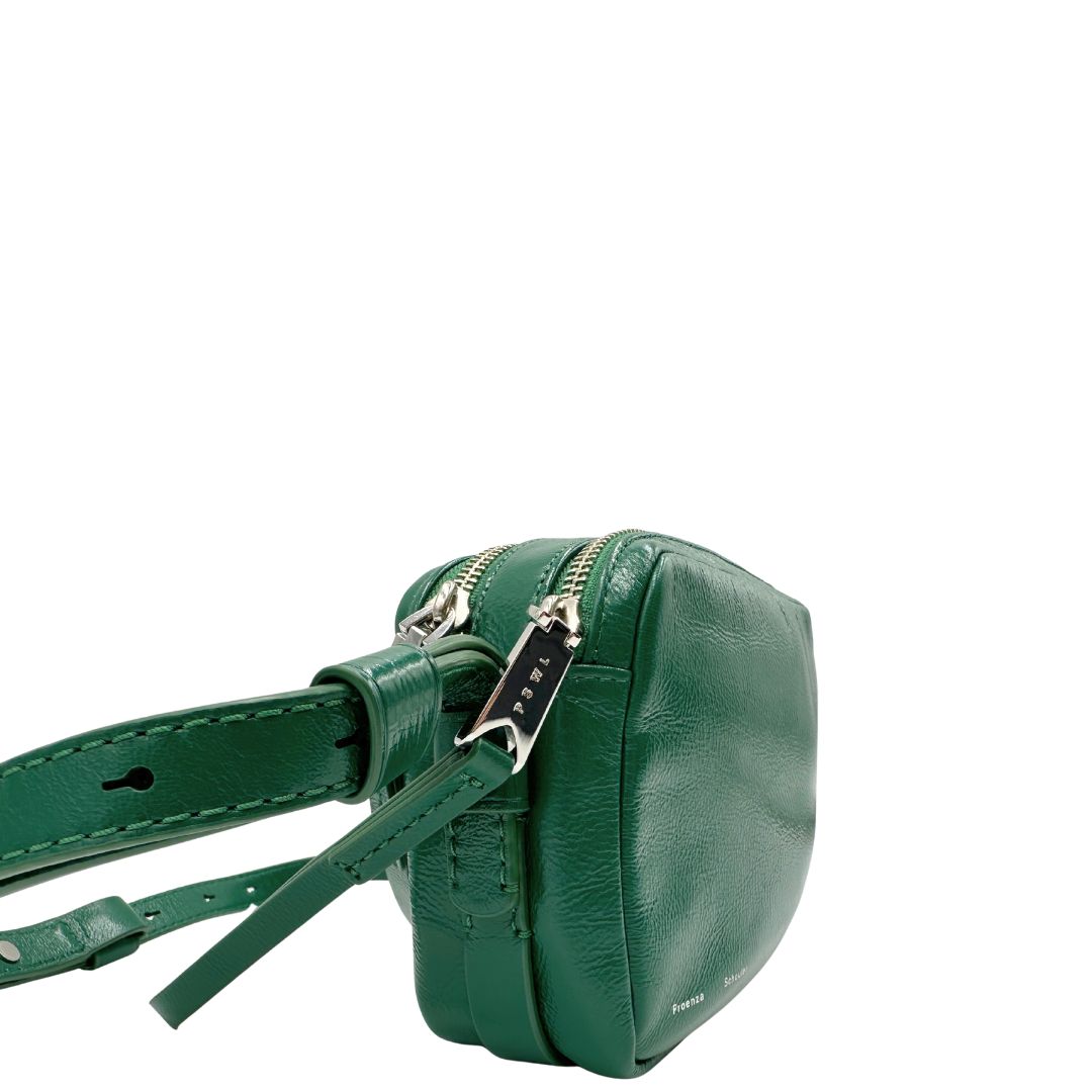 lato Borsa Label Watts in pelle lucida color verde bottiglia, di lusso, eccellenti condizioni, originale, usata. 