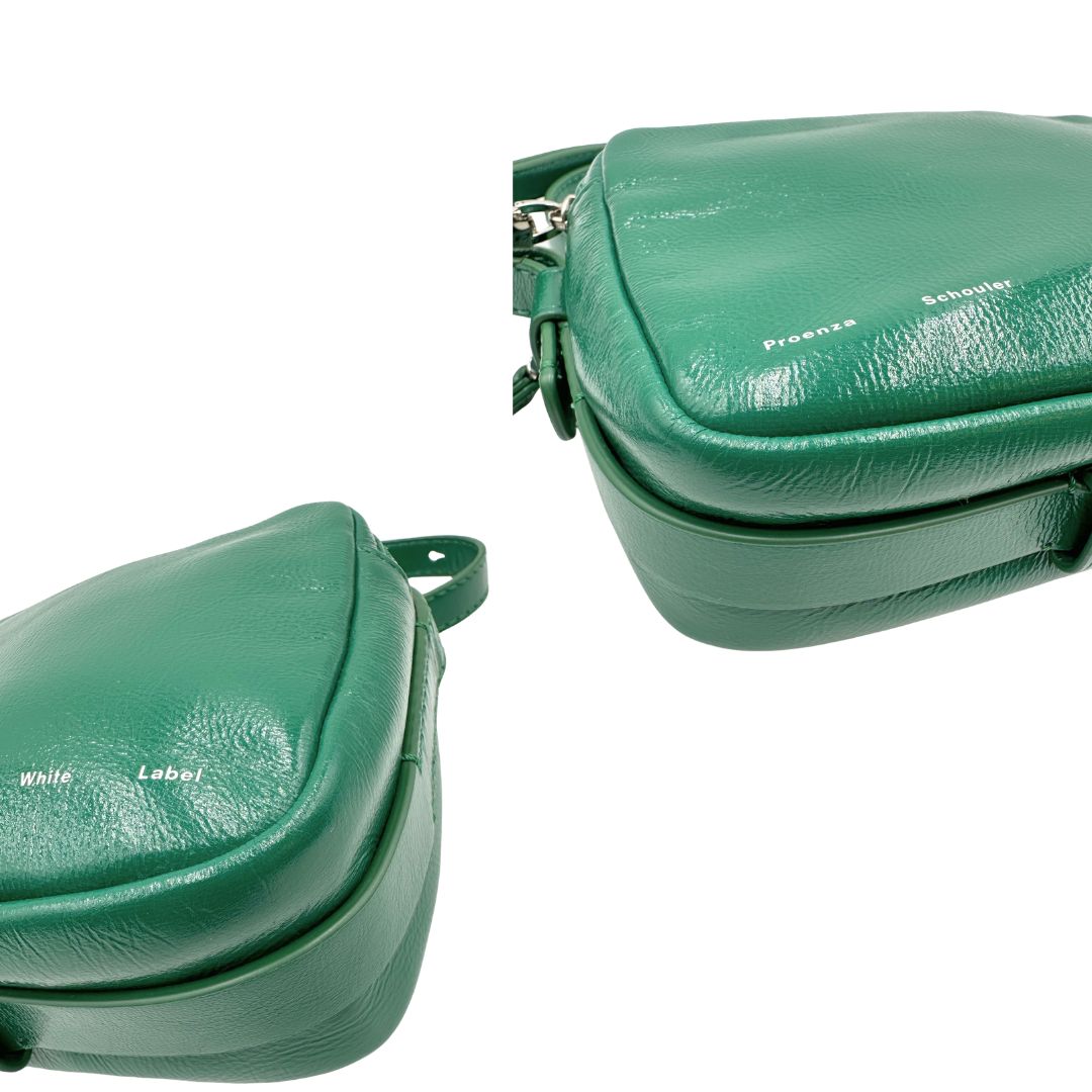 angoli Borsa Label Watts in pelle lucida color verde bottiglia, di lusso, eccellenti condizioni, originale, usata. 