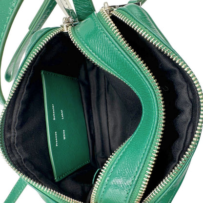 interni Borsa Label Watts in pelle lucida color verde bottiglia, di lusso, eccellenti condizioni, originale, usata. 