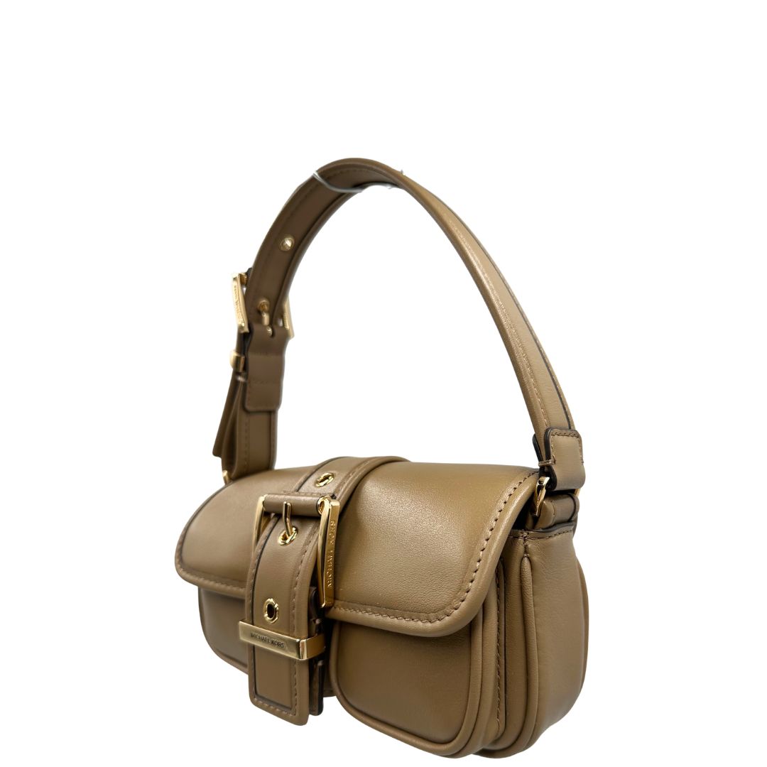 lato  Borsa MK in pelle nocciola e hardware dorato, di lusso, eccellenti condizioni, usata. 