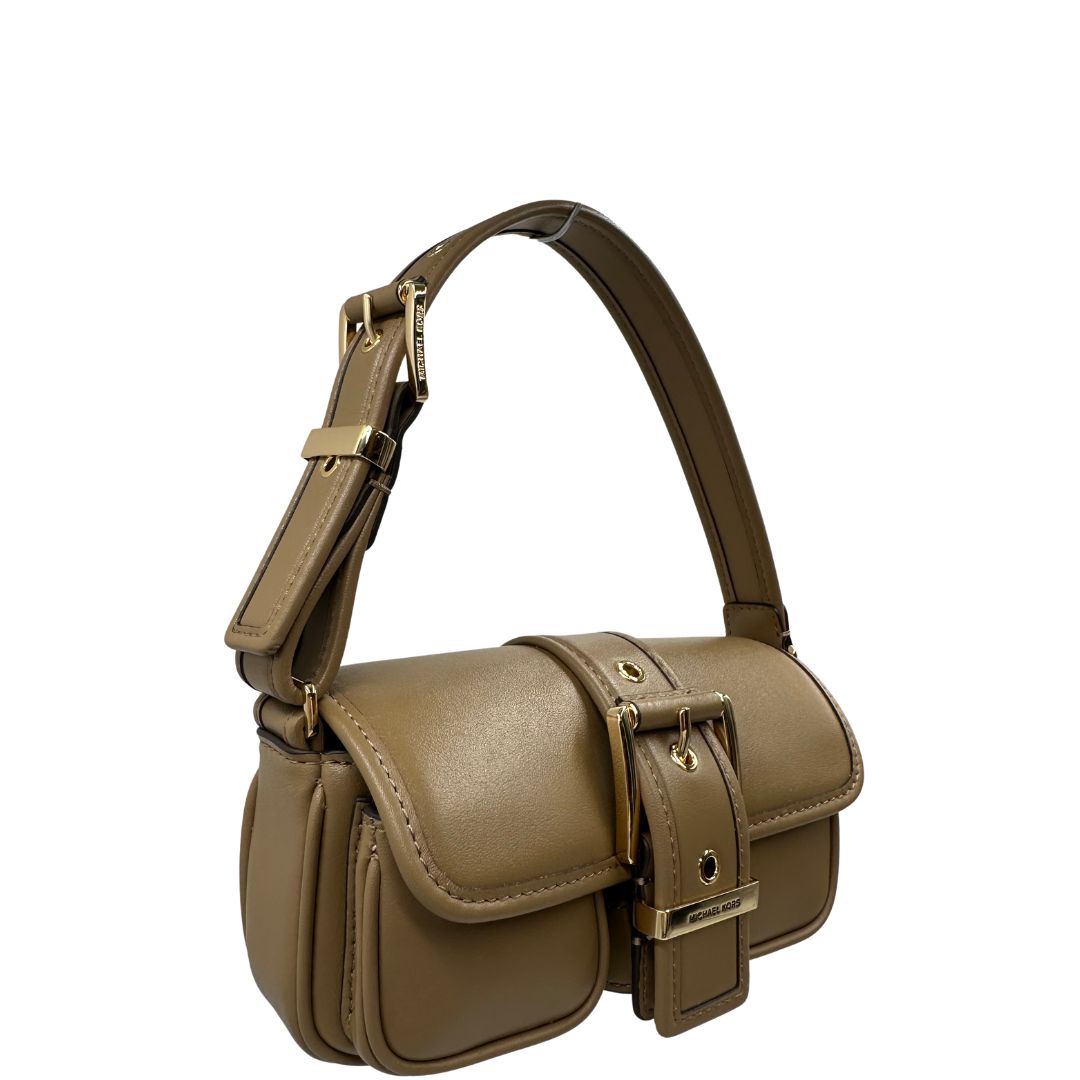 lato  Borsa MK in pelle nocciola e hardware dorato, di lusso, eccellenti condizioni, usata. 