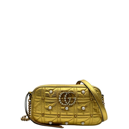 front Camera Bag Gucci Marmont in pelle dorata impreziosita da perline, di lusso, originale, ottime condizioni, usata.
