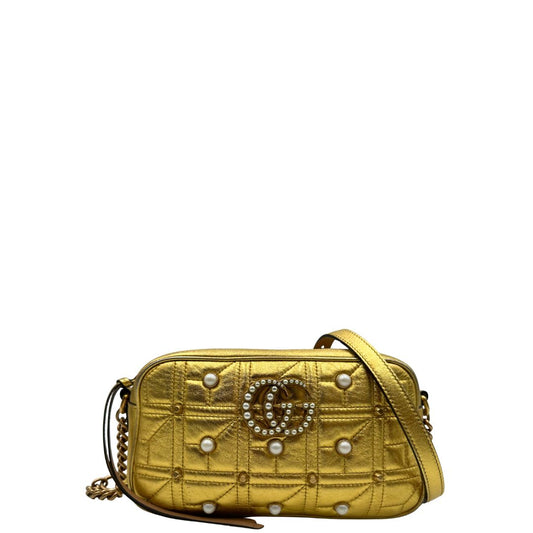 front Camera Bag Gucci Marmont in pelle dorata impreziosita da perline, di lusso, originale, ottime condizioni, usata.
