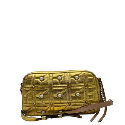 retro Camera Bag Gucci Marmont in pelle dorata impreziosita da perline, di lusso, originale, ottime condizioni, usata. 