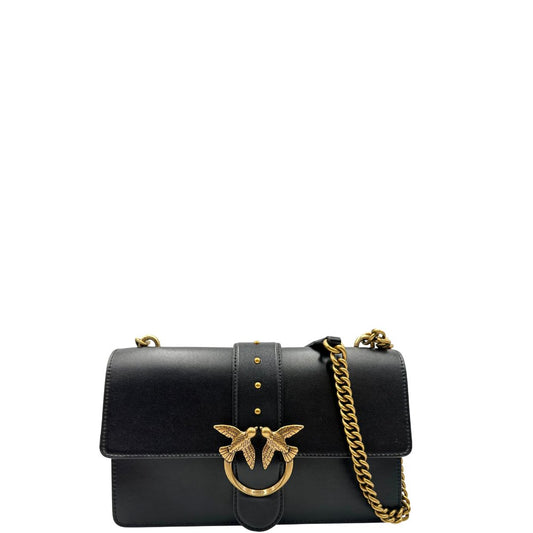 front Borsa Pinko in pelle nera e hardware dorato, di lusso, originale, ottime condizioni, usata.