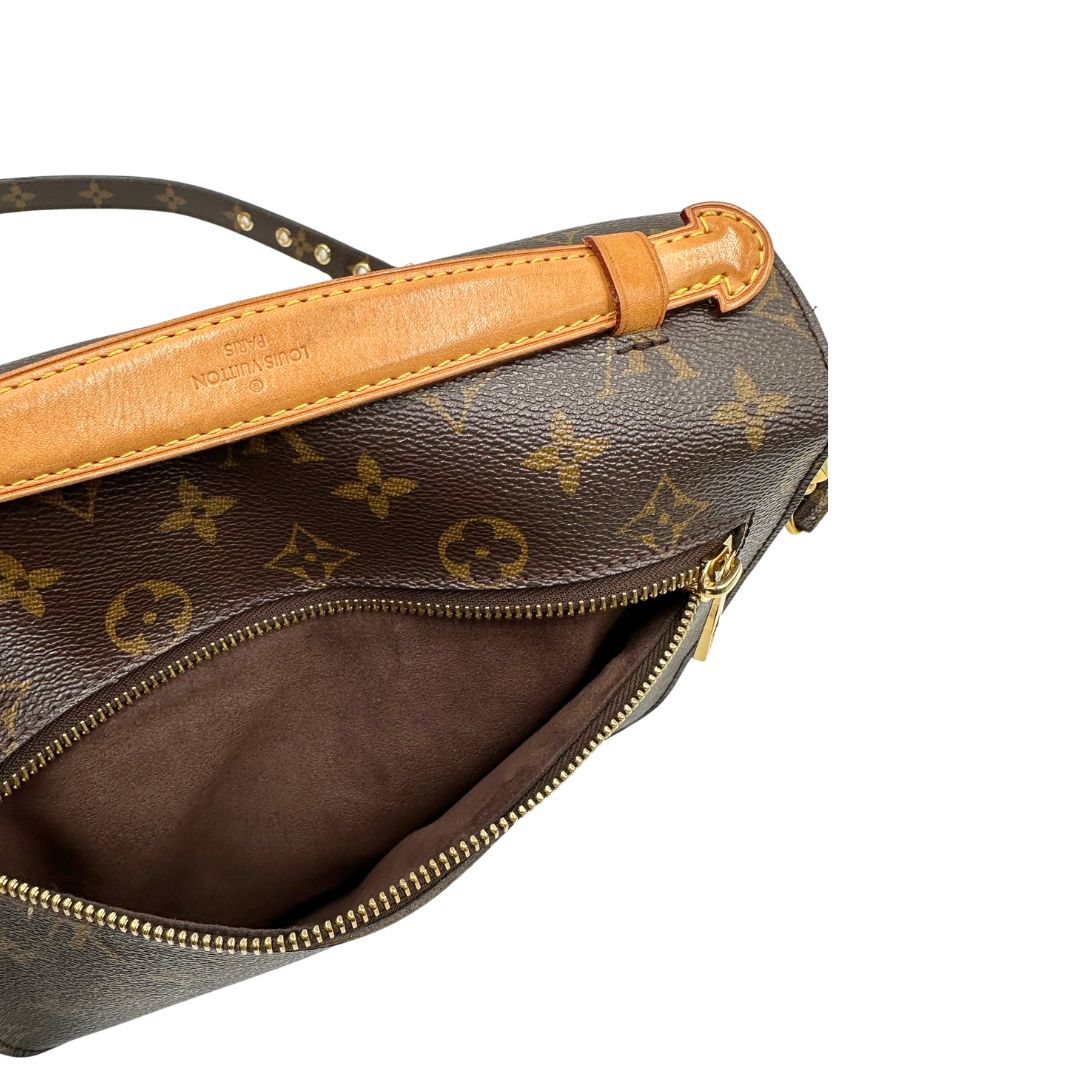 Tasca esterna, Borsa LV in canvas monogrammato marrone e hardware dorato, indossabile a tracolla o a mano. Originale, usata, di lusso, in ottime condizioni.