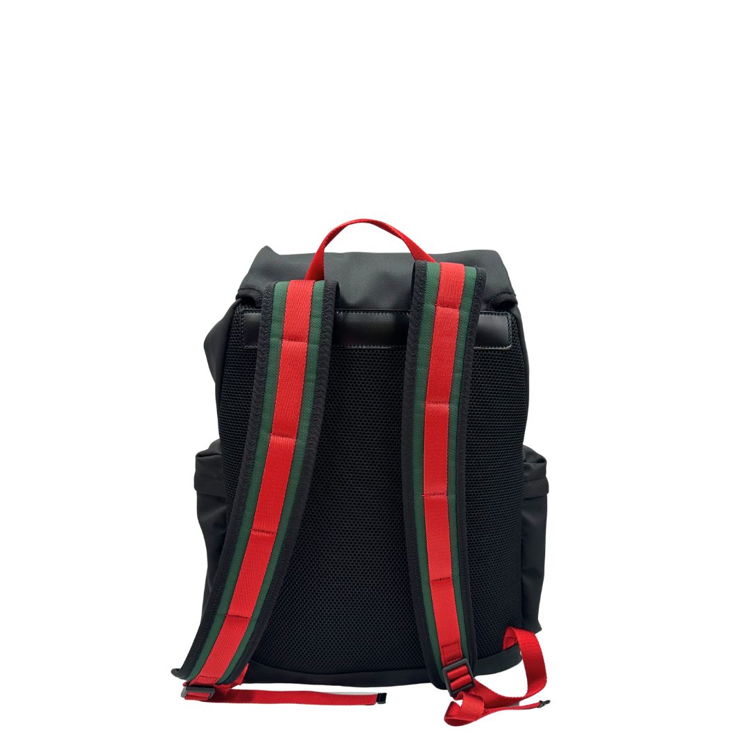 Retro di uno zaino Gucci in tessuto nero e bretelle Web blu e rosso, usato, originale, second hand, in condizioni eccellenti.