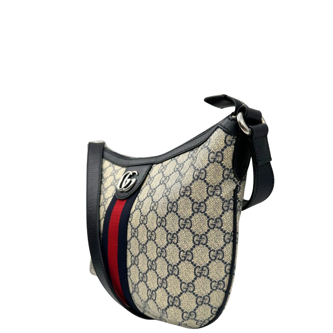 lato Borsa a tracolla Gucci Ophidia in canvas GG con iconica striscia Web blu e rossa, di lusso, originale, ottime condizioni, usata. 