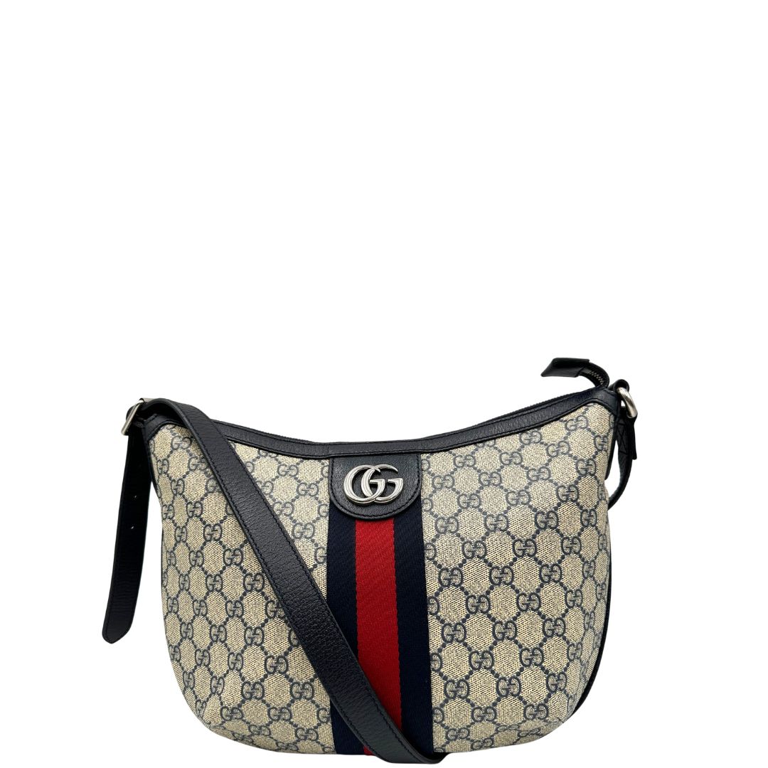 front Borsa a tracolla Gucci Ophidia in canvas GG con iconica striscia Web blu e rossa, di lusso, originale, ottime condizioni, usata. 