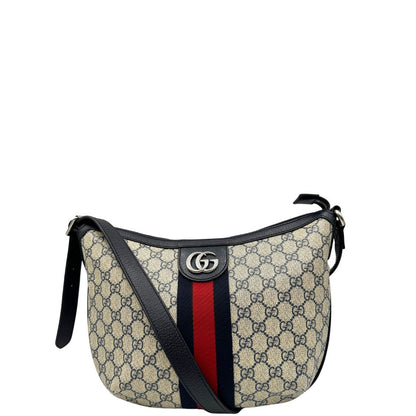 front Borsa a tracolla Gucci Ophidia in canvas GG con iconica striscia Web blu e rossa, di lusso, originale, ottime condizioni, usata. 