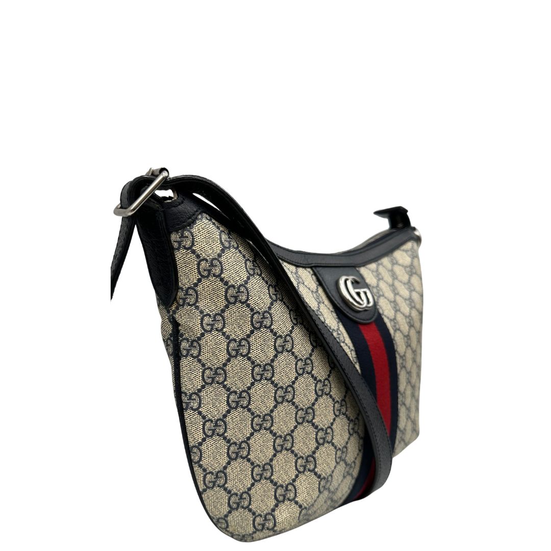 lato Borsa a tracolla Gucci Ophidia in canvas GG con iconica striscia Web blu e rossa, di lusso, originale, ottime condizioni, usata. 
