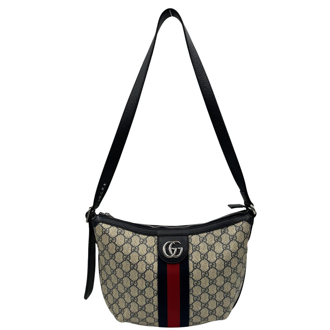 front Borsa a tracolla Gucci Ophidia in canvas GG con iconica striscia Web blu e rossa, di lusso, originale, ottime condizioni, usata. 
