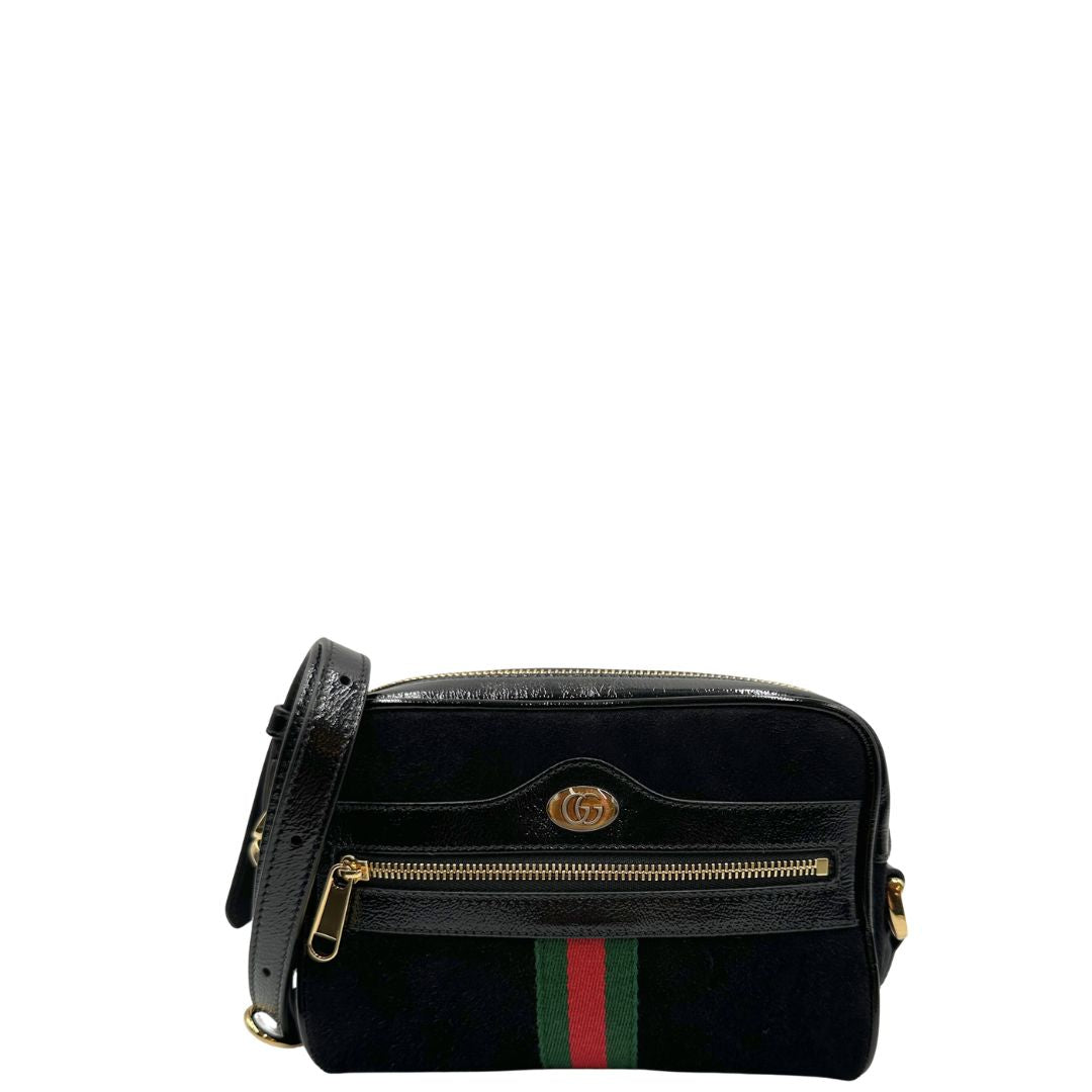 front  Borsa Gucci in pelle verniciata nera e pelle scamosciata tono su tono, impreziosita da striscia Web verde e rossa, di lusso, originale, ottime condizioni, usata. 