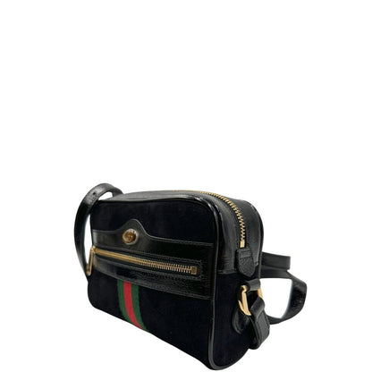 lato  Borsa Gucci in pelle verniciata nera e pelle scamosciata tono su tono, impreziosita da striscia Web verde e rossa, di lusso, originale, ottime condizioni, usata. 