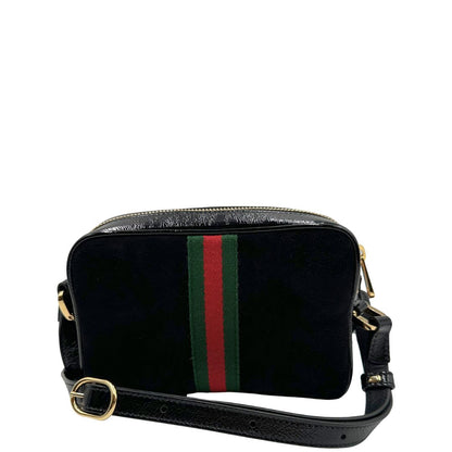 retro  Borsa Gucci in pelle verniciata nera e pelle scamosciata tono su tono, impreziosita da striscia Web verde e rossa, di lusso, originale, ottime condizioni, usata. 