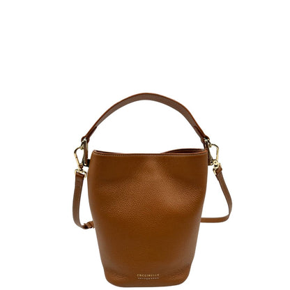 front Secchiello Coccinelle in pelle martellata color marrone cognac, di lusso, originale, ottime condizioni, usato 