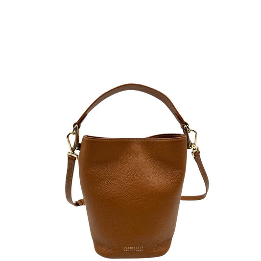 front Secchiello Coccinelle in pelle martellata color marrone cognac, di lusso, originale, ottime condizioni, usato 