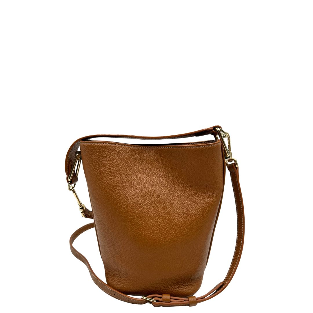 retro Secchiello Coccinelle in pelle martellata color marrone cognac, di lusso, originale, ottime condizioni, usato 