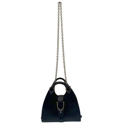 front  Borsa Stirrup Gucci in pelle nera, indossabile a mano o a tracolla, di lusso, originale, ottime condizioni, usata. 