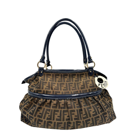 front Borsa Fendi Chef trama Zucca e finiture in pelle verniciata blu, di lusso, originale, ottime condizioni. 