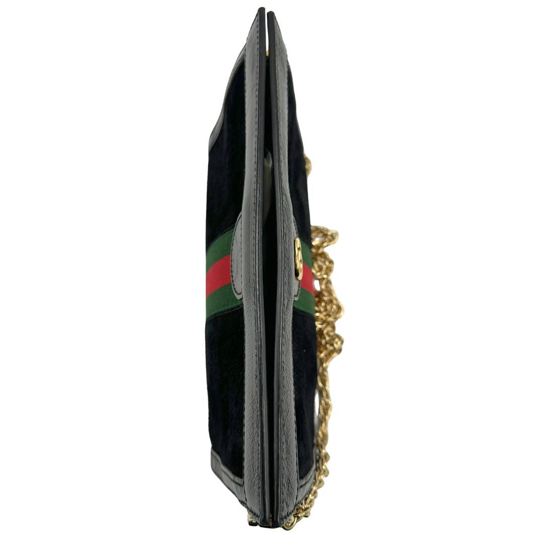 chiusura Tracolla Gucci Ophidia in pelle scamosciata nera con iconica striscia Web verde e rossa, di lusso, originale, ottime condizioni, usata, originale. 