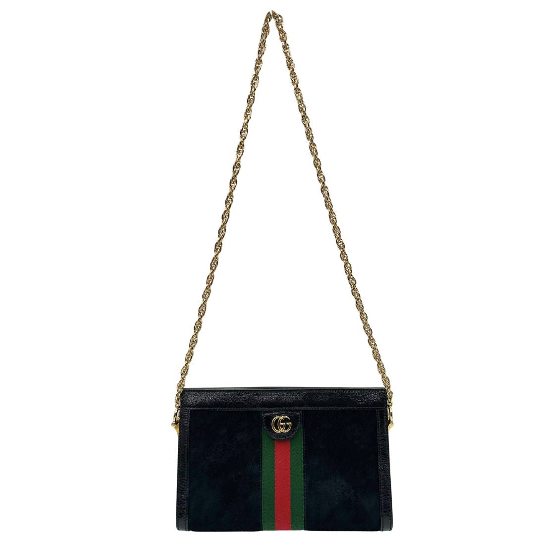 front Tracolla Gucci Ophidia in pelle scamosciata nera con iconica striscia Web verde e rossa, di lusso, originale, ottime condizioni, usata, originale. 