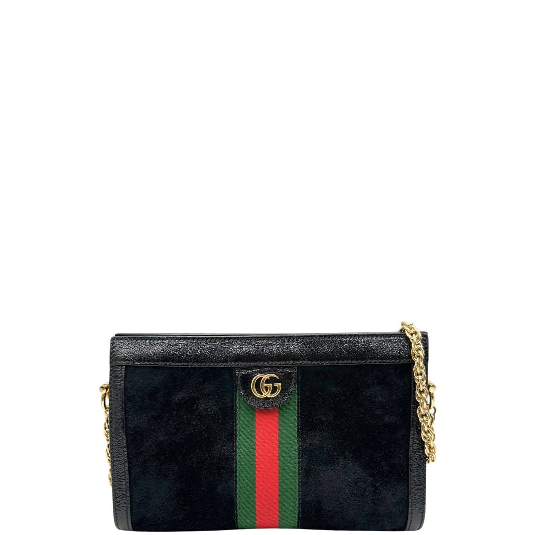 front Tracolla Gucci Ophidia in pelle scamosciata nera con iconica striscia Web verde e rossa, di lusso, originale, ottime condizioni, usata, originale. 