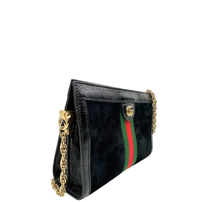 lato Tracolla Gucci Ophidia in pelle scamosciata nera con iconica striscia Web verde e rossa, di lusso, originale, ottime condizioni, usata, originale.