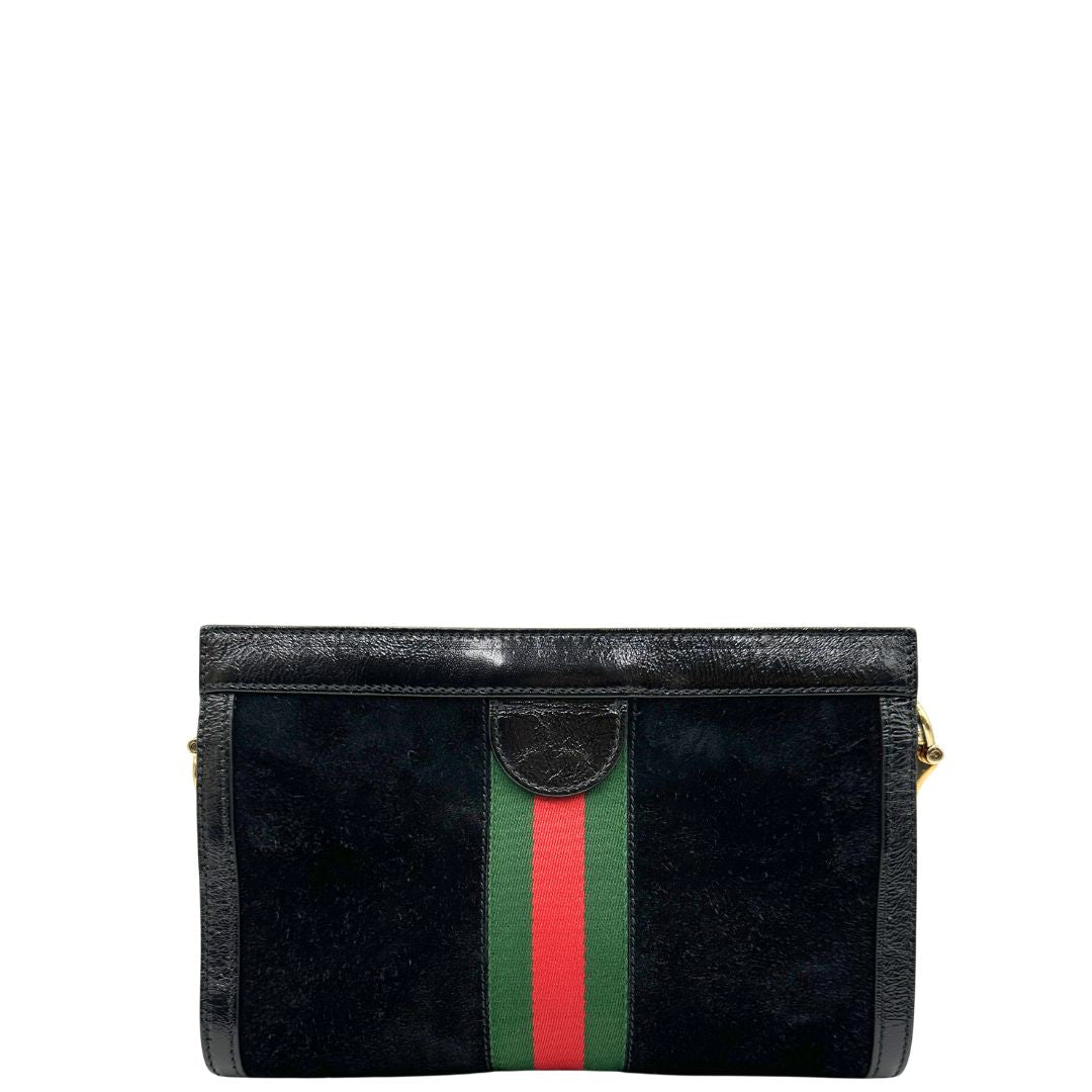 retro  Tracolla Gucci Ophidia in pelle scamosciata nera con iconica striscia Web verde e rossa, di lusso, originale, ottime condizioni, usata, originale.