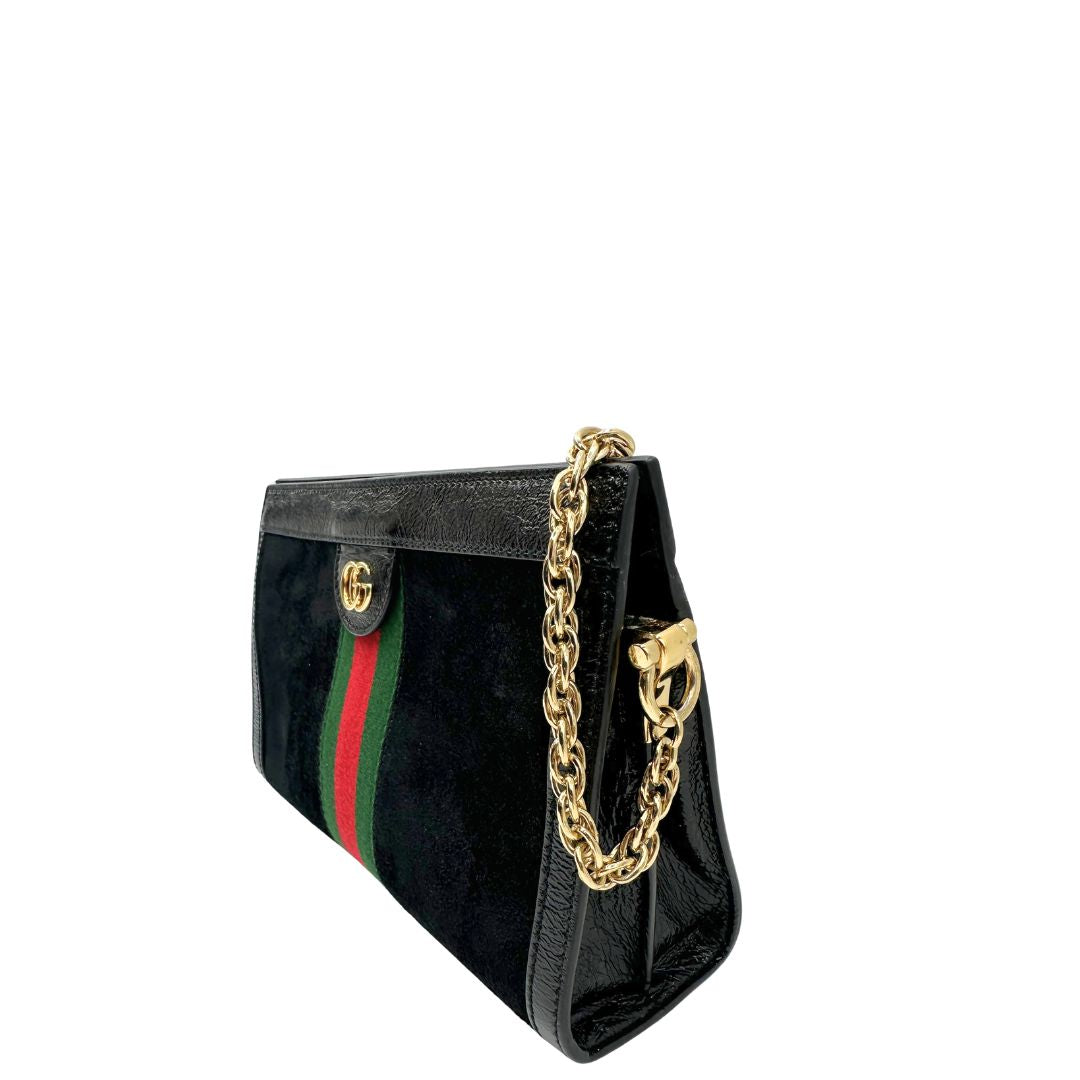 lato Tracolla Gucci Ophidia in pelle scamosciata nera con iconica striscia Web verde e rossa, di lusso, originale, ottime condizioni, usata, originale. 