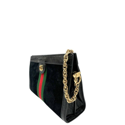 lato Tracolla Gucci Ophidia in pelle scamosciata nera con iconica striscia Web verde e rossa, di lusso, originale, ottime condizioni, usata, originale. 