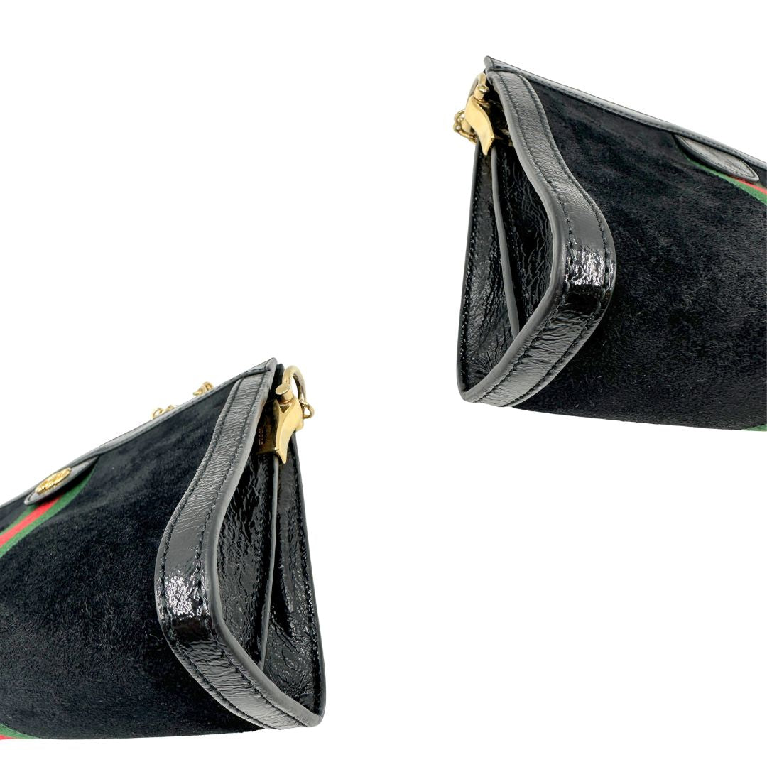 angoli Tracolla Gucci Ophidia in pelle scamosciata nera con iconica striscia Web verde e rossa, di lusso, originale, ottime condizioni, usata, originale.  