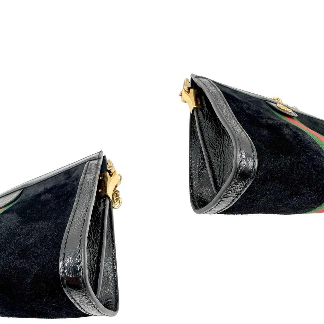 angoli  Tracolla Gucci Ophidia in pelle scamosciata nera con iconica striscia Web verde e rossa, di lusso, originale, ottime condizioni, usata, originale. 