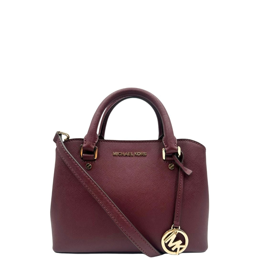 front Borsa MK in pelle saffiano color vinaccia, di lusso, originale, ottime condizioni, usata. 