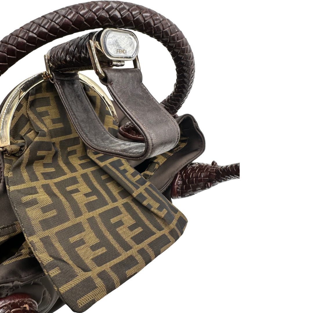 interno borsa Fendi Spy marrone con interni trama Zucca, di lusso, originale, ottime condizioni, usata.  