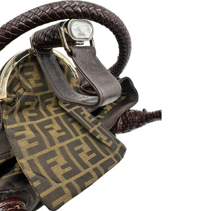 interno borsa Fendi Spy marrone con interni trama Zucca, di lusso, originale, ottime condizioni, usata.  