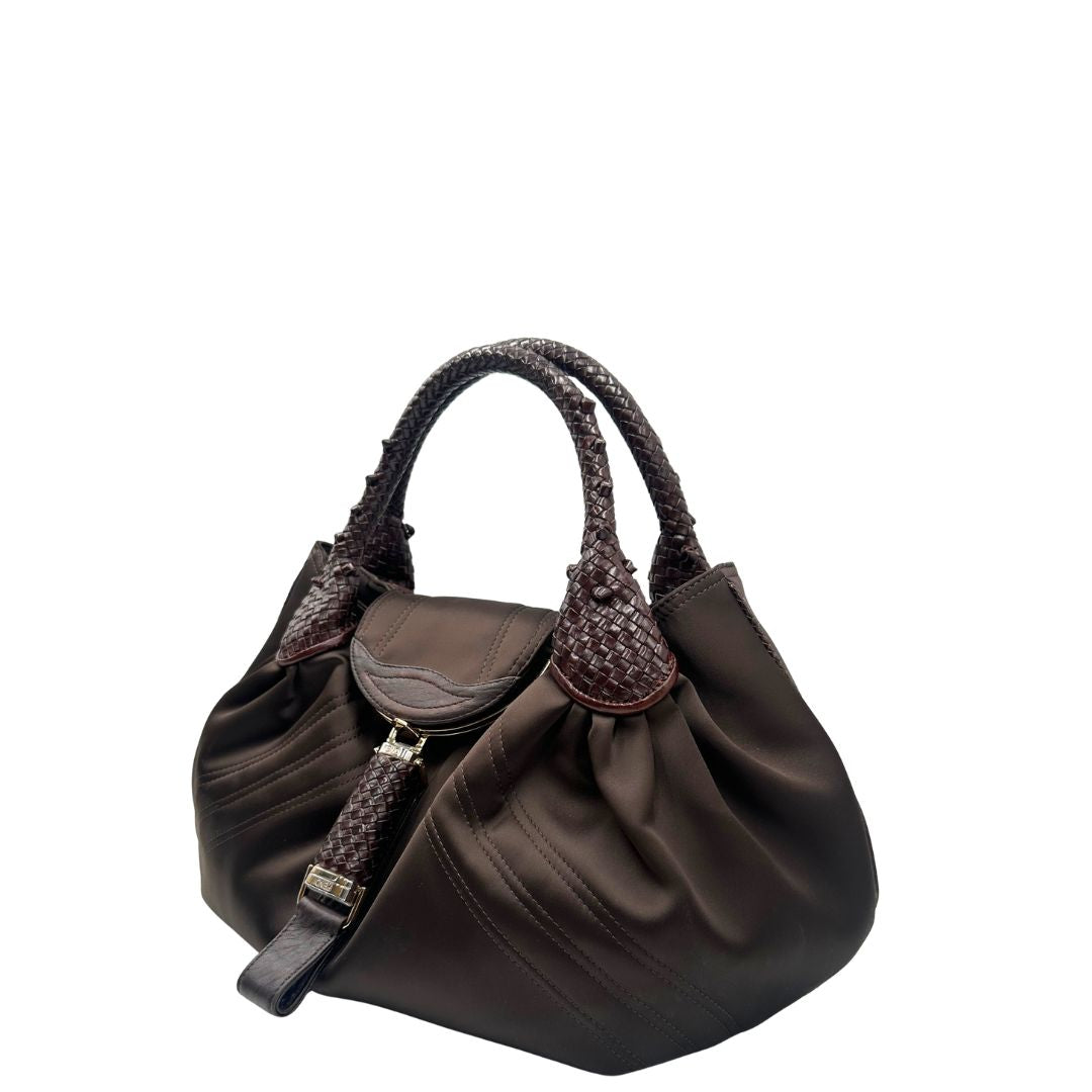 lato borsa Fendi Spy marrone con interni trama Zucca, di lusso, originale, ottime condizioni, usata.  