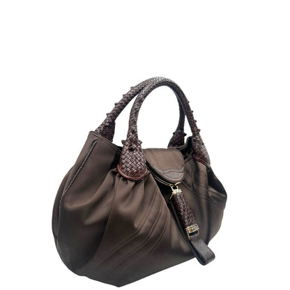 lato borsa Fendi Spy marrone con interni trama Zucca, di lusso, originale, ottime condizioni, usata.  