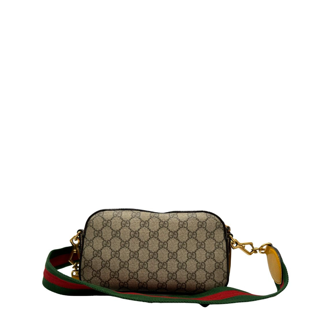 retro  Borsa Gucci in canvas GG con finiture in pelle marroni, munita di una tracolla Web, di lusso, originale, ottime condizioni, usata. 