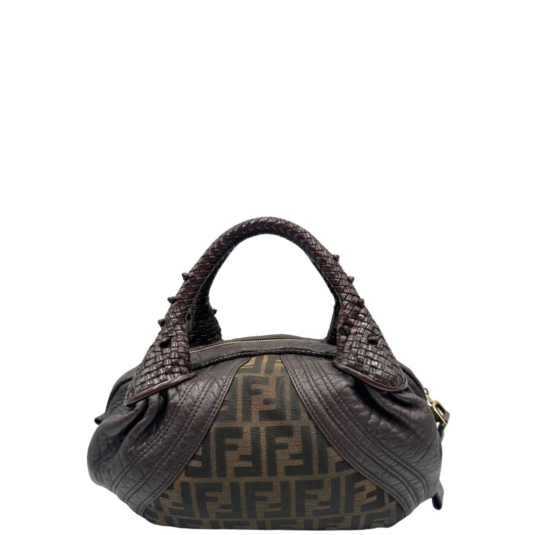 front  Borsa Fendi Spy in tessuto trama Zucca e finiture in pelle, di lusso, originale, ottime condizioni, usata. 