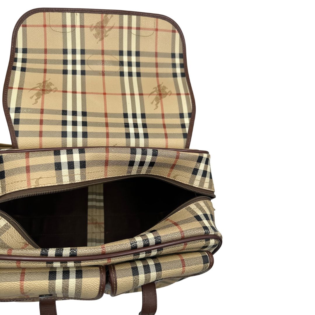 interno Cartella Burberry in canvas trama tartan con finiture in pelle marroni, di lusso, originale, ottime condizioni, usata. 