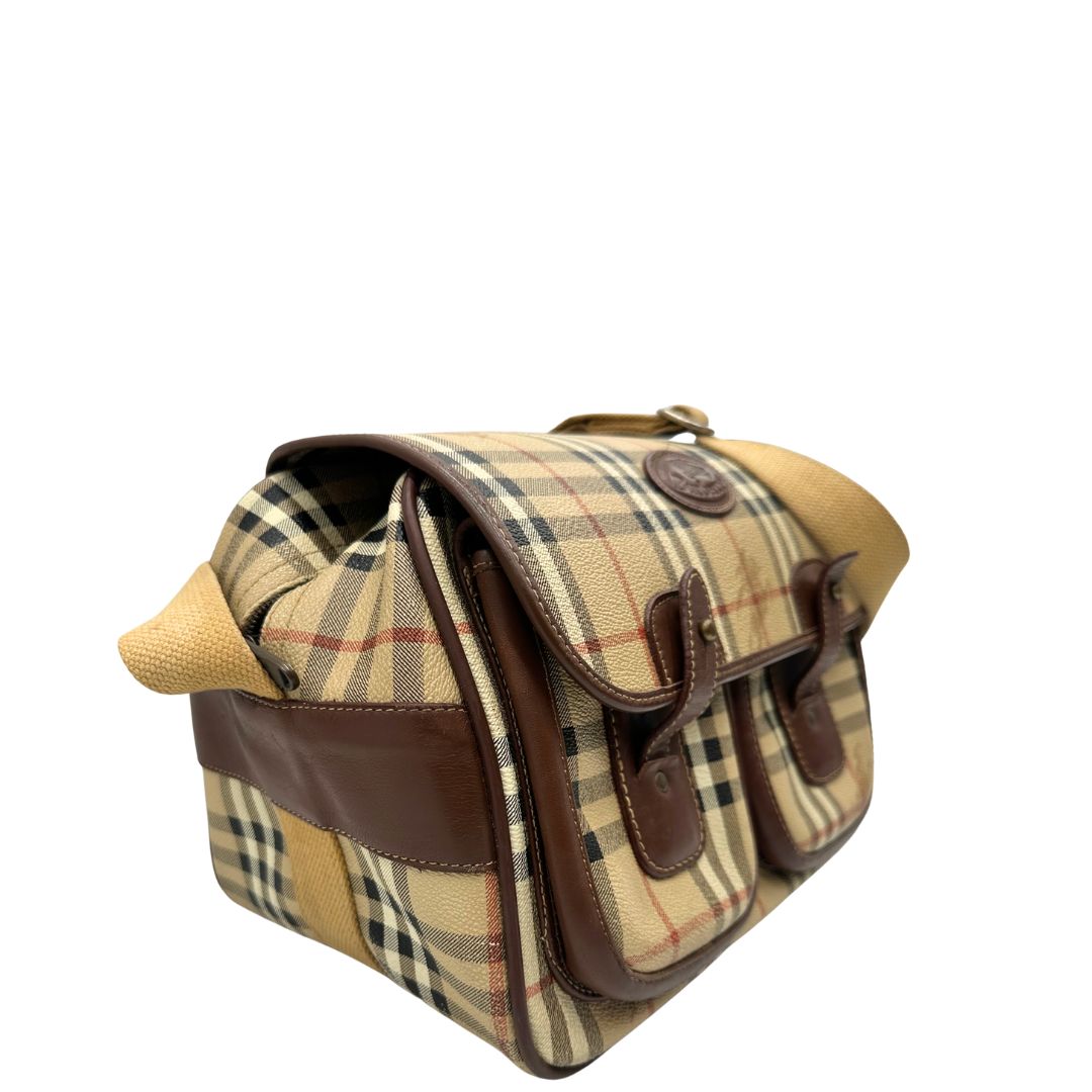 lato Cartella Burberry in canvas trama tartan con finiture in pelle marroni, di lusso, originale, ottime condizioni, usata.