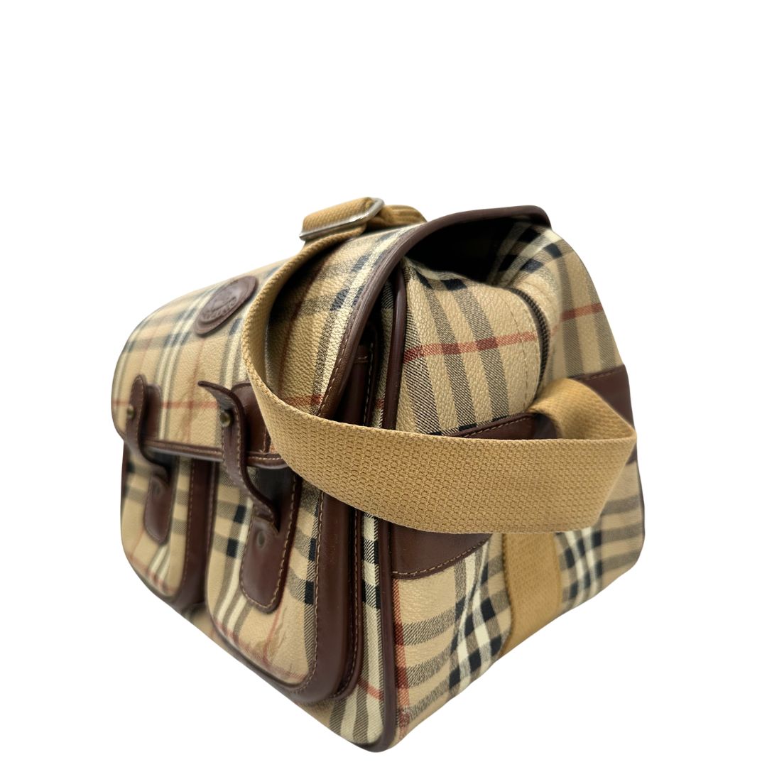 lato Cartella Burberry in canvas trama tartan con finiture in pelle marroni, di lusso, originale, ottime condizioni, usata. 