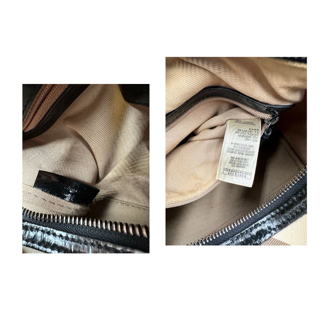 Codici di una borsa a mano Burberry in canvas tartan e finiture nere lucide, usata, originale, second hand, in ottime condizioni.